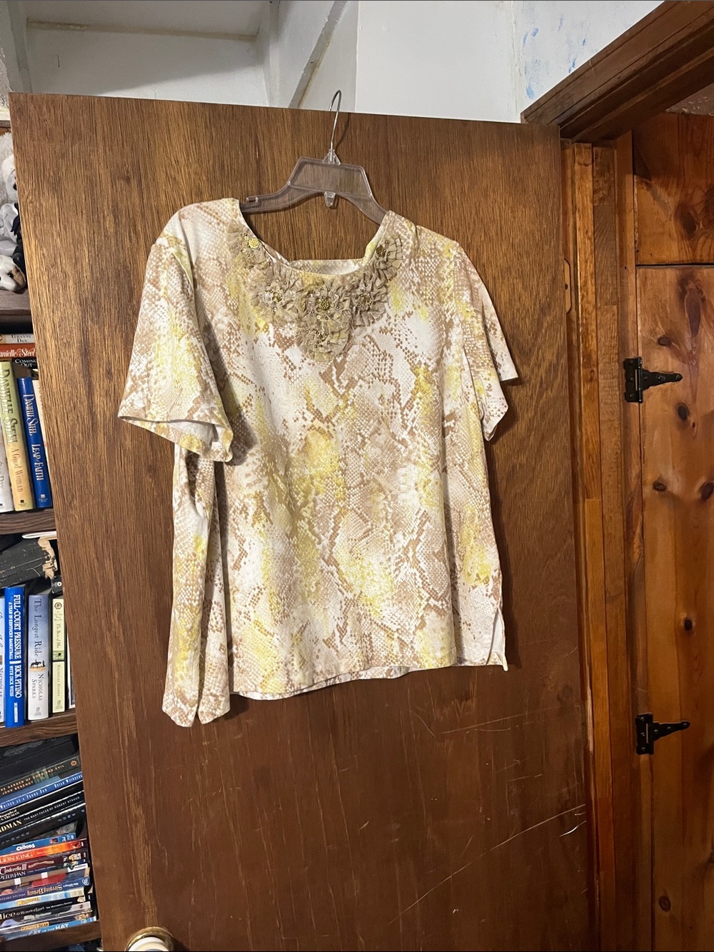 Alfred Dunner Yellow and Cream Snake-Print Short Sleeve Blouse